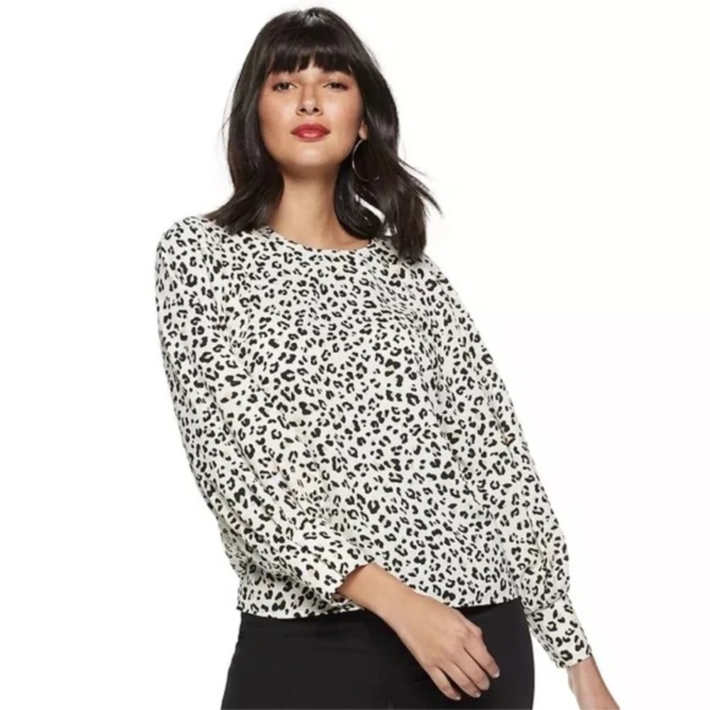 Nine West Women’s Black and Cream Animal Print Blouse Long Sleeve‎
